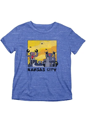 Kansas City Youth Blue Robot Skyline Short Sleeve Fashion T-Shirt