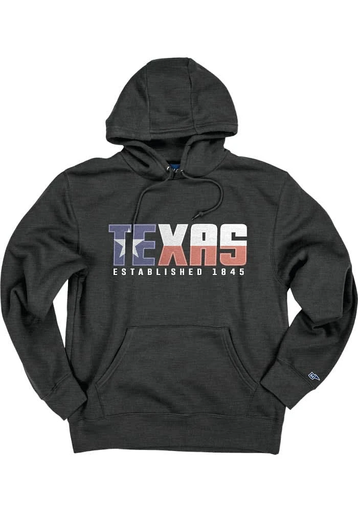 Texas Mens Charcoal Wordmark Flag Long Sleeve Hoodie