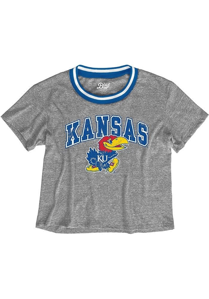 Kansas Jayhawks Womens Grey Brooklyn Varsity Crop Crew Neck Short Sleeve T-Shirt