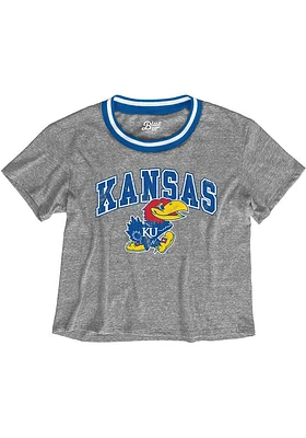 Kansas Jayhawks Womens Grey Brooklyn Varsity Crop Crew Neck Short Sleeve T-Shirt