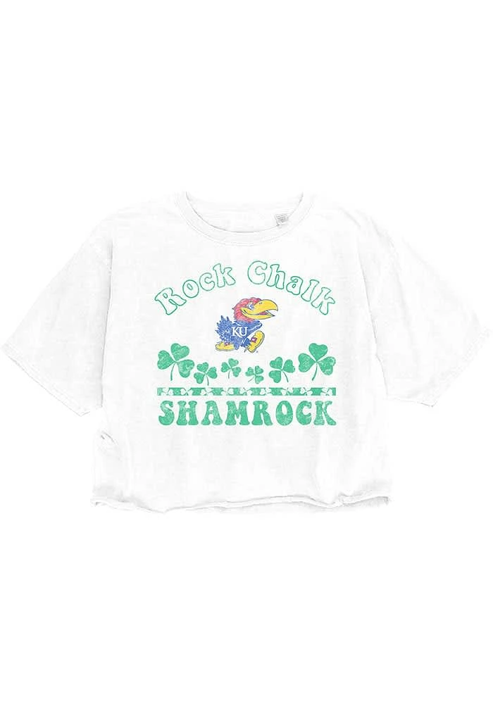 Kansas Jayhawks Womens White Cropped Sunny Shamrock Short Sleeve T-Shirt