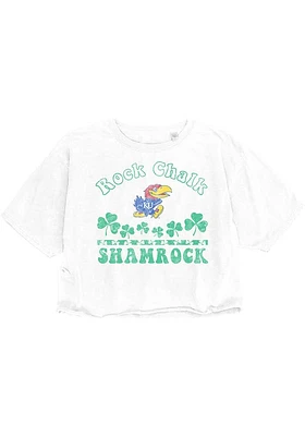 Kansas Jayhawks Womens White Cropped Sunny Shamrock Short Sleeve T-Shirt