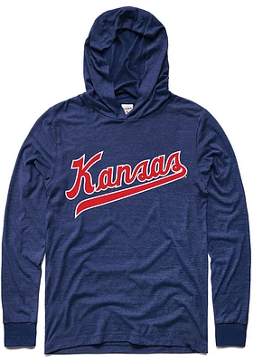 Charlie Hustle Kansas Jayhawks Mens Navy Blue Light Weight Script Fashion Hood