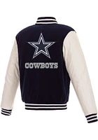 Dallas Cowboys Mens Navy Blue Reversible Fleece Faux Leather Medium Weight Jacket