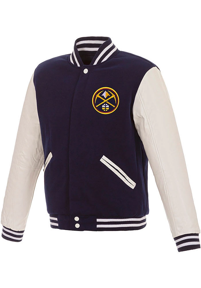 Denver Nuggets Mens Navy Blue Reversible Fleece Faux Leather Medium Weight Jacket