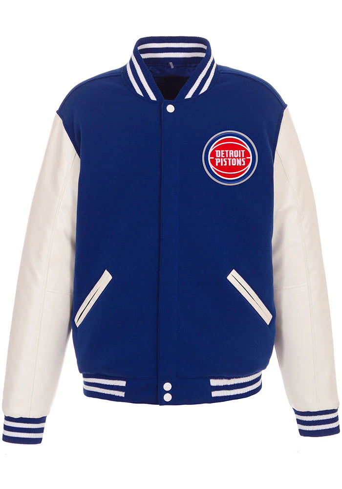 Detroit Pistons Mens Blue Reversible Fleece Faux Leather Medium Weight Jacket