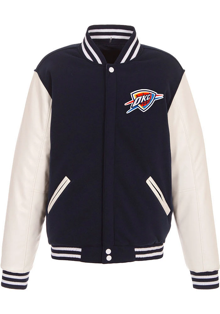 Oklahoma City Thunder Mens Navy Blue Reversible Fleece Faux Leather Medium Weight Jacket