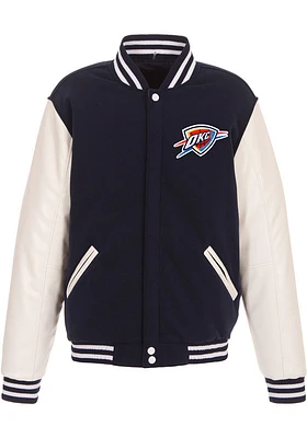 Oklahoma City Thunder Mens Navy Blue Reversible Fleece Faux Leather Medium Weight Jacket