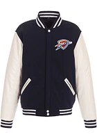 Oklahoma City Thunder Mens Navy Blue Reversible Fleece Faux Leather Medium Weight Jacket