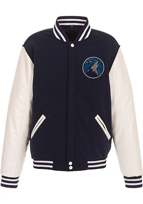 Minnesota Timberwolves Mens Navy Blue Reversible Fleece Faux Leather Medium Weight Jacket