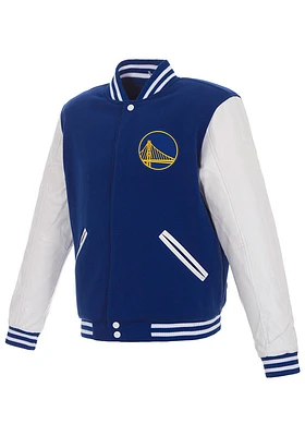 Golden State Warriors Mens Blue Reversible Fleece Faux Leather Medium Weight Jacket