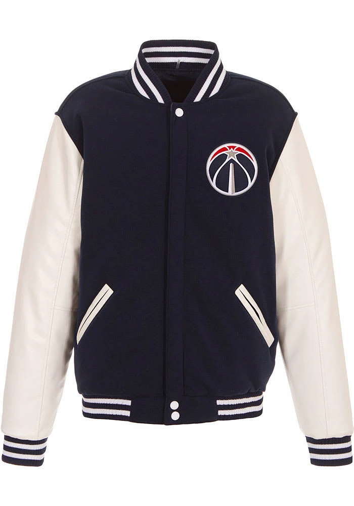 Washington Wizards Mens Navy Blue Reversible Fleece Faux Leather Medium Weight Jacket