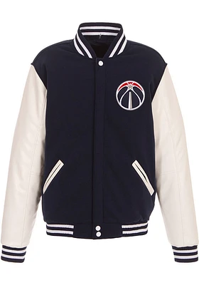 Washington Wizards Mens Navy Blue Reversible Fleece Faux Leather Medium Weight Jacket
