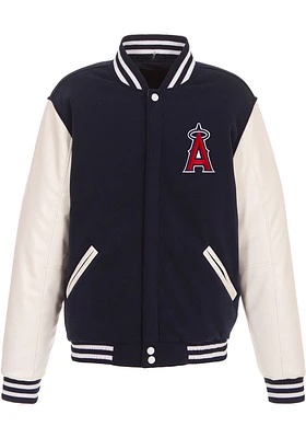 Los Angeles Angels Mens Navy Blue Reversible Fleece Faux Leather Medium Weight Jacket
