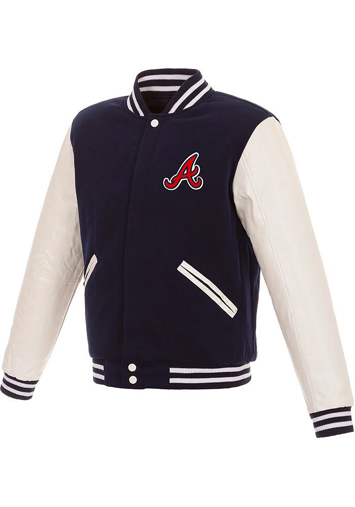 Atlanta Braves Mens Navy Blue Reversible Fleece Faux Leather Medium Weight Jacket