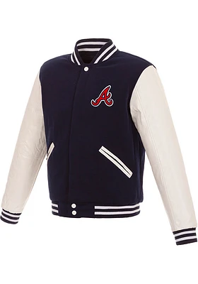 Atlanta Braves Mens Navy Blue Reversible Fleece Faux Leather Medium Weight Jacket