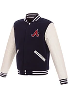 Atlanta Braves Mens Navy Blue Reversible Fleece Faux Leather Medium Weight Jacket