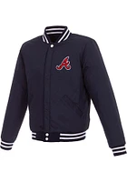 Atlanta Braves Mens Navy Blue Reversible Fleece Faux Leather Medium Weight Jacket