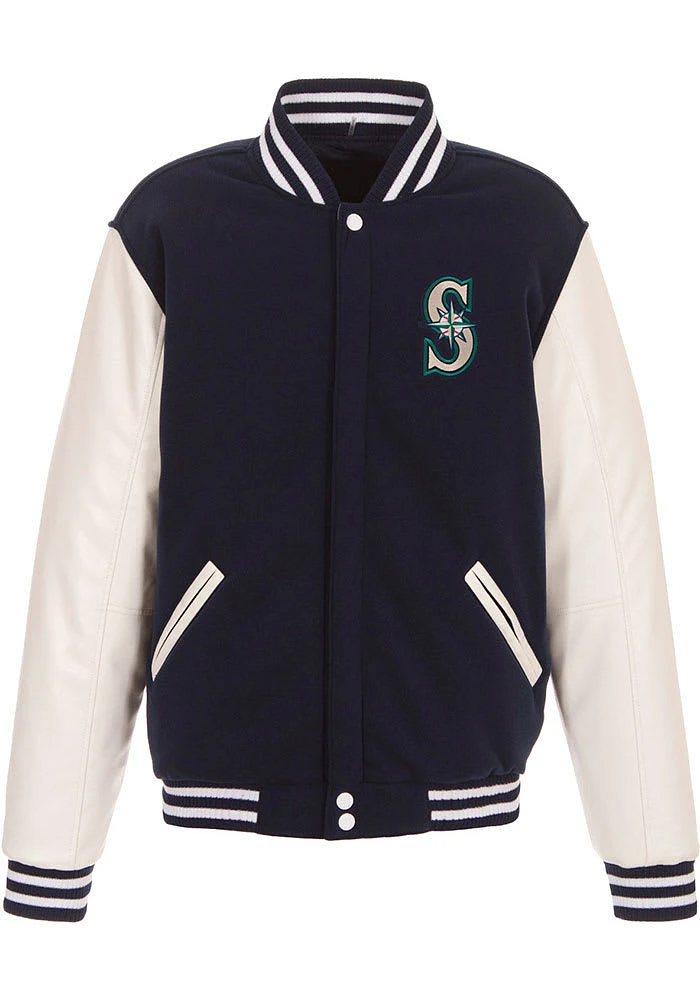 Seattle Mariners Mens Navy Blue Reversible Fleece Faux Leather Medium Weight Jacket