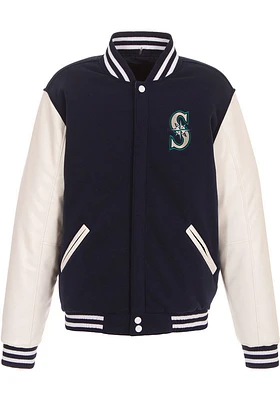Seattle Mariners Mens Navy Blue Reversible Fleece Faux Leather Medium Weight Jacket