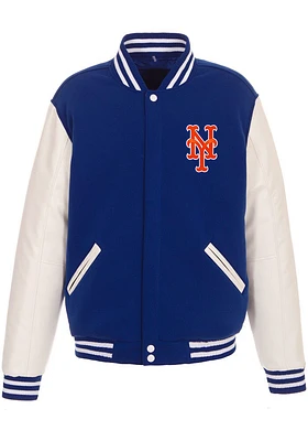 New York Mets Mens Blue Reversible Fleece Faux Leather Medium Weight Jacket