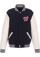 Washington Nationals Mens Navy Blue Reversible Fleece Faux Leather Medium Weight Jacket