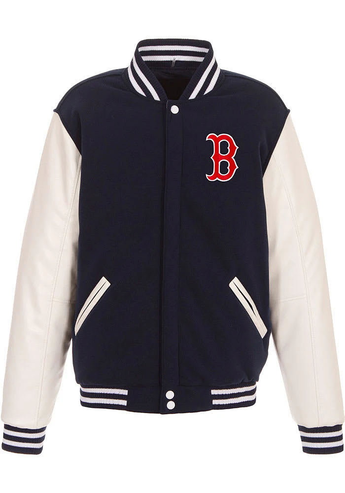 Boston Red Sox Mens Navy Blue Reversible Fleece Faux Leather Medium Weight Jacket