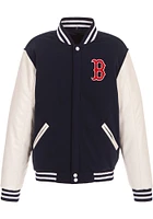 Boston Red Sox Mens Navy Blue Reversible Fleece Faux Leather Medium Weight Jacket
