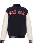 Boston Red Sox Mens Navy Blue Reversible Fleece Faux Leather Medium Weight Jacket