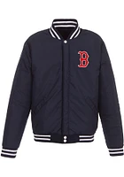 Boston Red Sox Mens Navy Blue Reversible Fleece Faux Leather Medium Weight Jacket