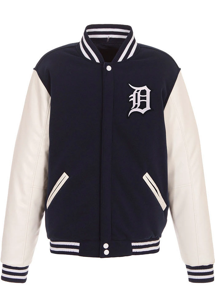 Detroit Tigers Mens Navy Blue Reversible Fleece Faux Leather Medium Weight Jacket