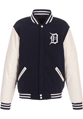 Detroit Tigers Mens Navy Blue Reversible Fleece Faux Leather Medium Weight Jacket