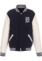 Detroit Tigers Mens Navy Blue Reversible Fleece Faux Leather Medium Weight Jacket