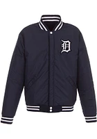 Detroit Tigers Mens Navy Blue Reversible Fleece Faux Leather Medium Weight Jacket