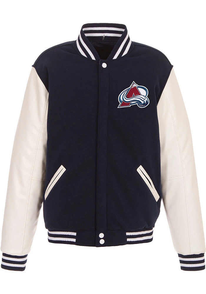 Colorado Avalanche Mens Navy Blue Reversible Fleece Faux Leather Medium Weight Jacket