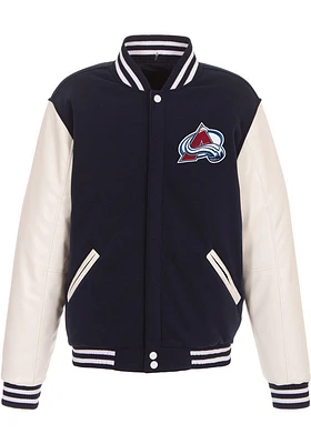 Colorado Avalanche Mens Navy Blue Reversible Fleece Faux Leather Medium Weight Jacket