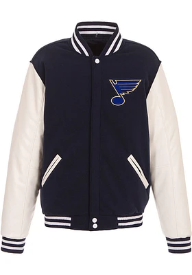 St Louis Blues Mens Navy Blue Reversible Fleece Faux Leather Medium Weight Jacket