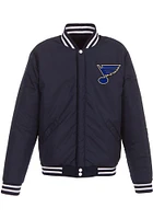 St Louis Blues Mens Navy Blue Reversible Fleece Faux Leather Medium Weight Jacket