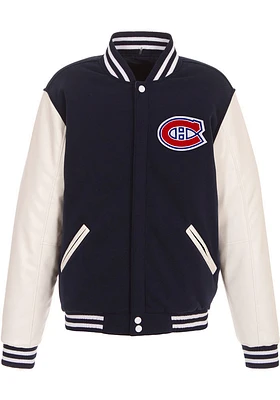 Montreal Canadiens Mens Navy Blue Reversible Fleece Faux Leather Medium Weight Jacket