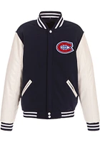 Montreal Canadiens Mens Navy Blue Reversible Fleece Faux Leather Medium Weight Jacket