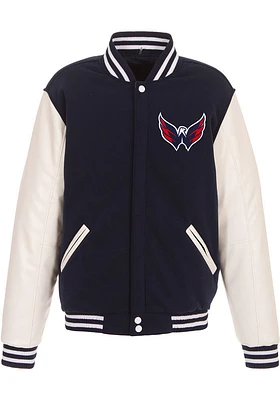 Washington Capitals Mens Navy Blue Reversible Fleece Faux Leather Medium Weight Jacket