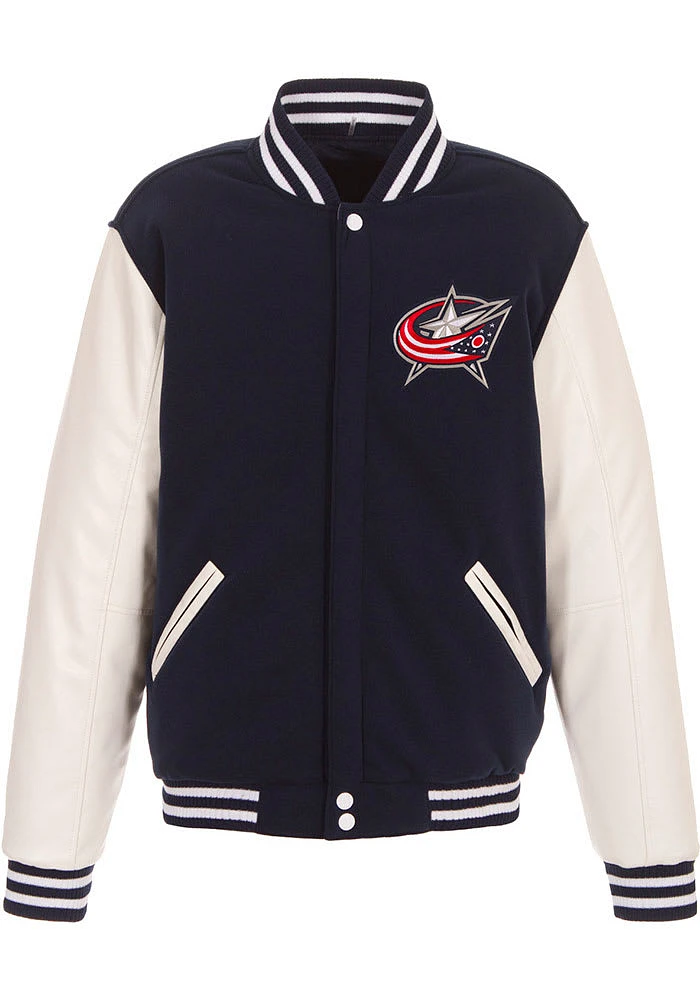 Columbus Blue Jackets Mens Navy Reversible Fleece Faux Leather Medium Weight Jacket