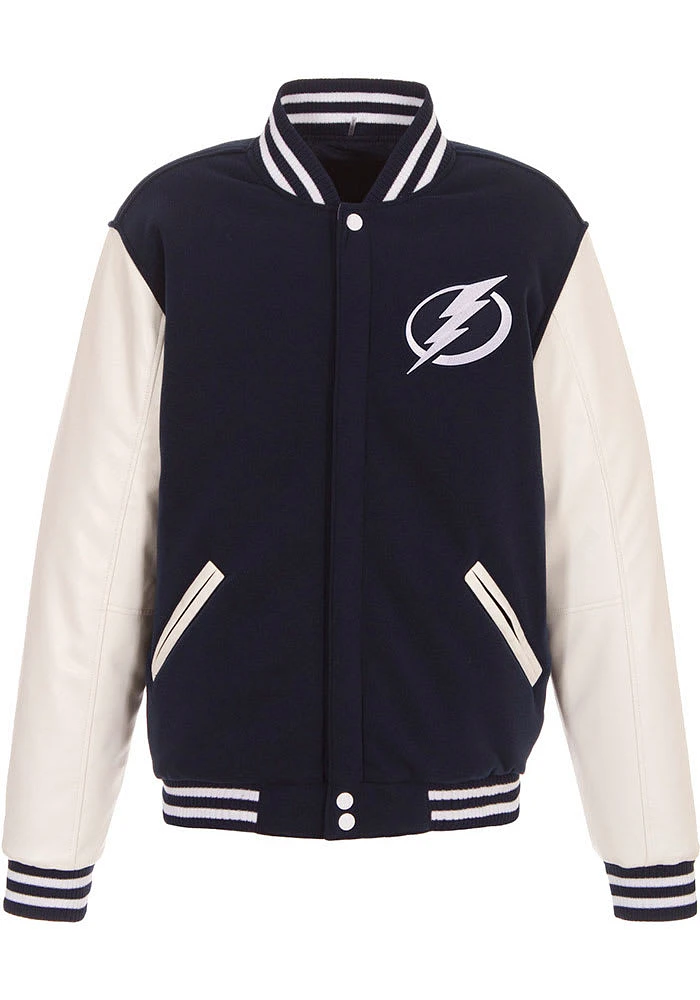 Tampa Bay Lightning Mens Navy Blue Reversible Fleece Faux Leather Medium Weight Jacket