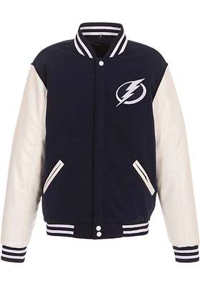 Tampa Bay Lightning Mens Navy Blue Reversible Fleece Faux Leather Medium Weight Jacket