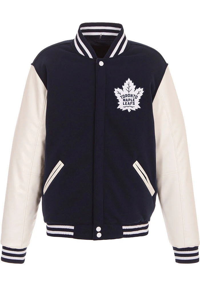 Toronto Maple Leafs Mens Navy Blue Reversible Fleece Faux Leather Medium Weight Jacket