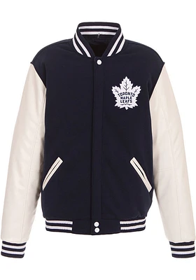 Toronto Maple Leafs Mens Navy Blue Reversible Fleece Faux Leather Medium Weight Jacket