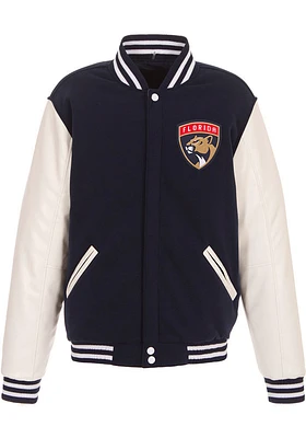 Florida Panthers Mens Navy Blue Reversible Fleece Faux Leather Medium Weight Jacket