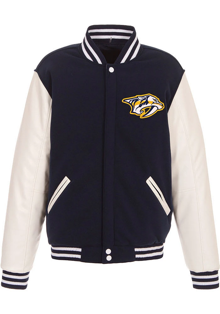 Nashville Predators Mens Navy Blue Reversible Fleece Faux Leather Medium Weight Jacket