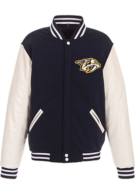 Nashville Predators Mens Navy Blue Reversible Fleece Faux Leather Medium Weight Jacket