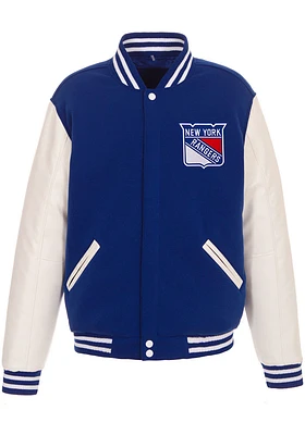 New York Rangers Mens Blue Reversible Fleece Faux Leather Medium Weight Jacket